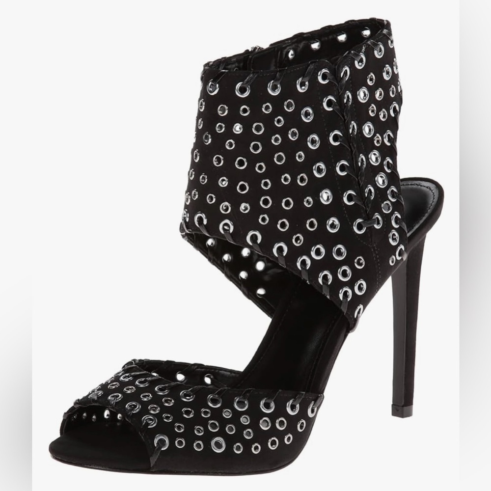 Enzo Angiolini Branon Black Grommet Leather Whipstitch Peep Toe Heels Size 7